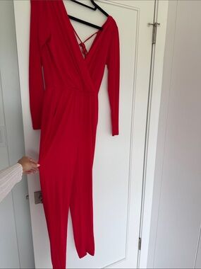 BCBGeneration Red Long-Sleeve V-Neck Jumpsuit